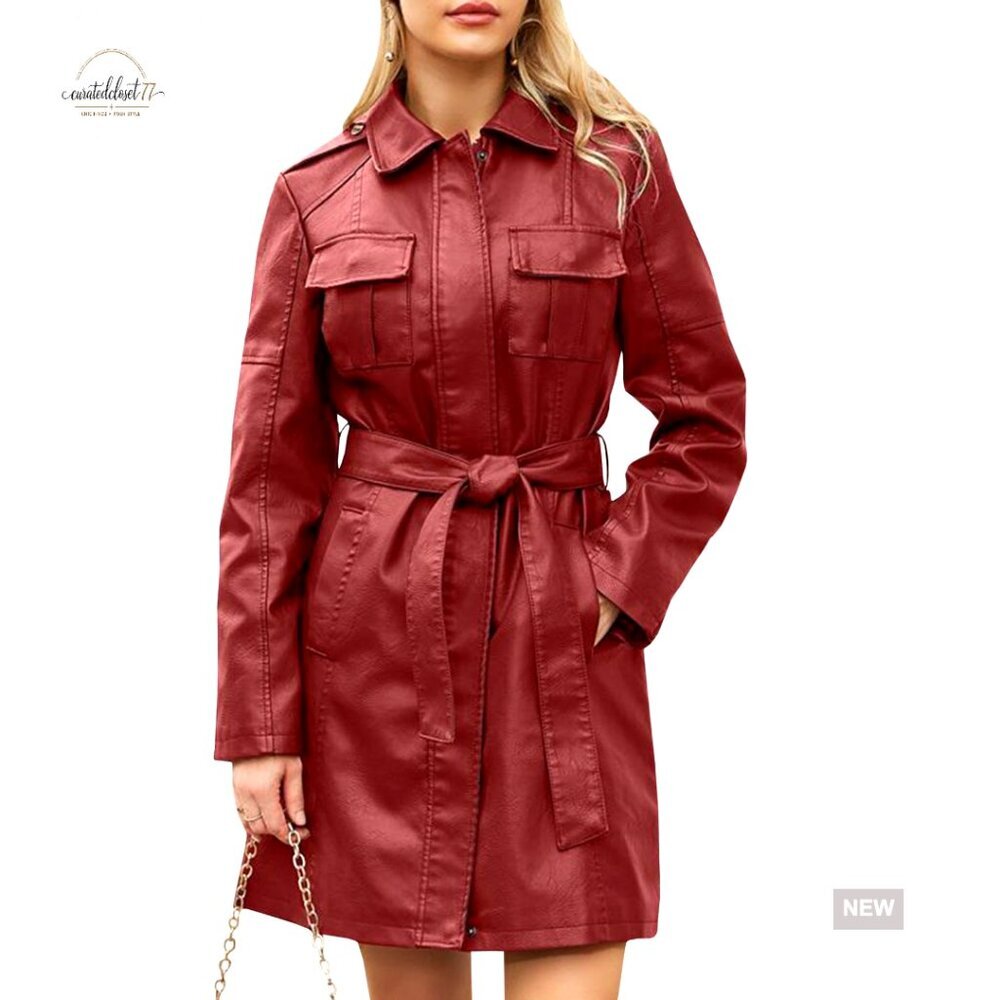 Faux Leather Trench Coat Oversized Chic Classic Lapel Belted Mid-Length